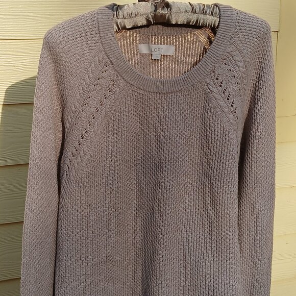 LOFT Sweaters - Loft Taupe Crew Neck Sweater with Lacey Weave  & Turn Up Cuffs NWOT Sz L